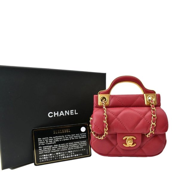CHANEL Top Handle Flap Card Holder Quilted Leather Chain Shoulder Bag Red - Picture 3 of 14